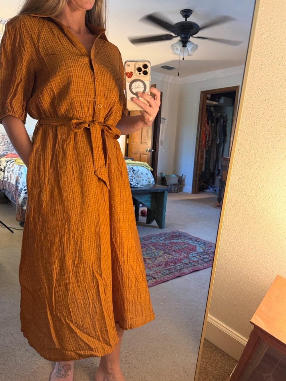 Andthewhy Waffle Rust Brown Collared Button Down Midi Dress Size XL
